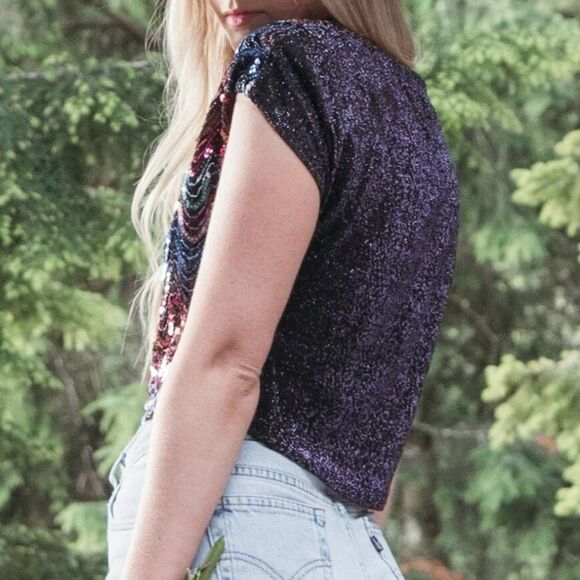 Vintage 80s / 90s Sequin Sparkly Disco Short Sleeve Blouse - Picture 12 of 13